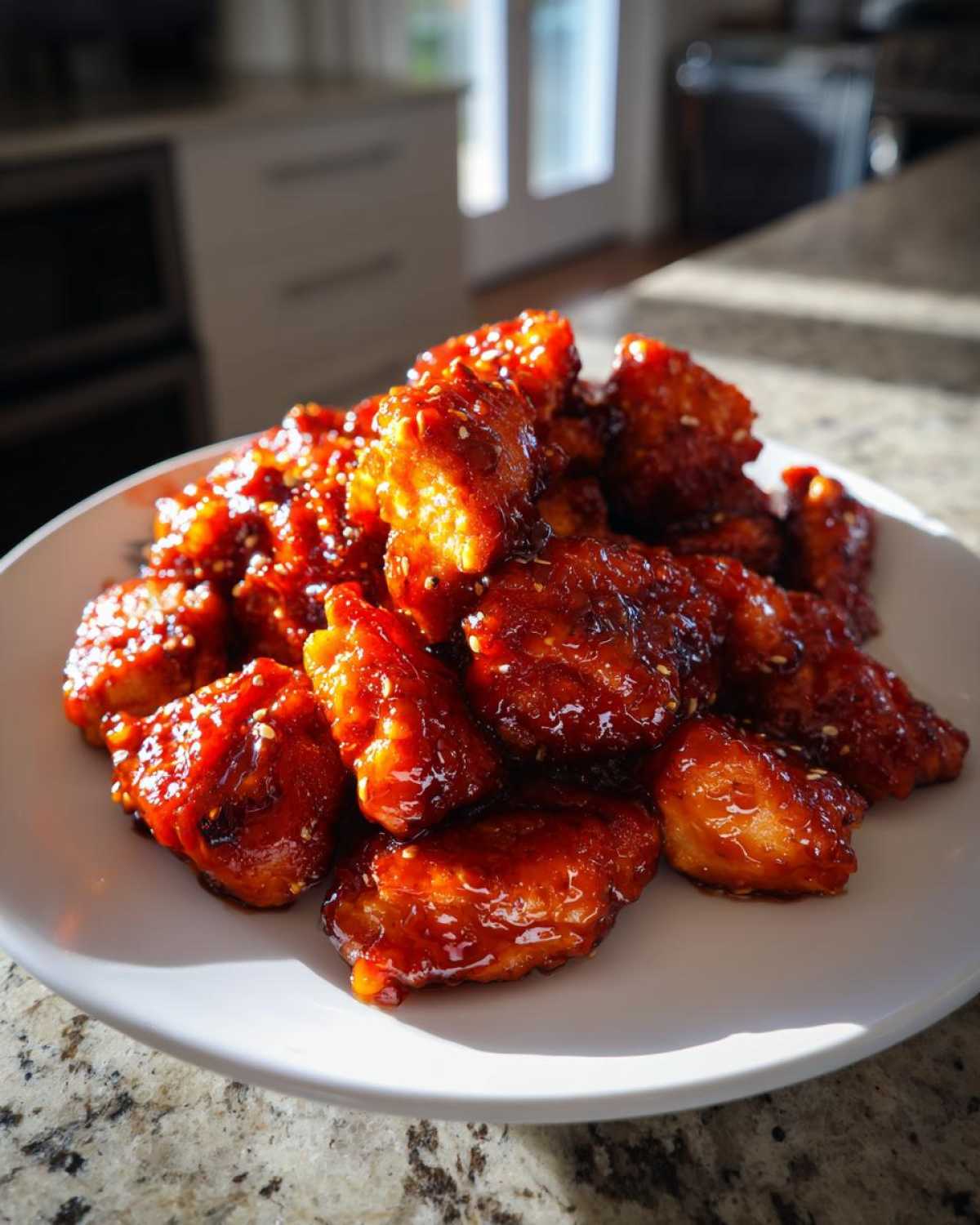 A plate piled high with sticky, glazed gochujang chicken pieces sprinkled with sesame seeds.