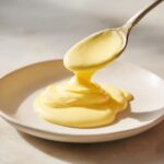 A spoonful of rich, creamy hollandaise sauce is being poured onto a small off-white plate.