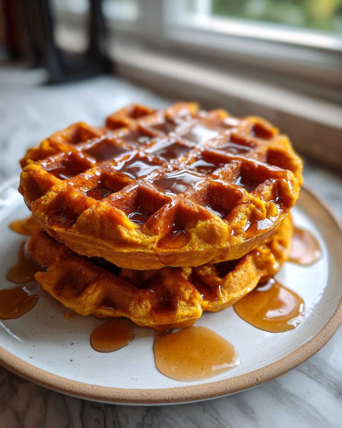 A close-up stack of two golden orange pumpkin waffles generously drizzled with syrup.