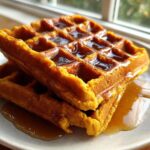 Two golden orange pumpkin waffles stacked on a plate, generously drizzled with maple syrup.