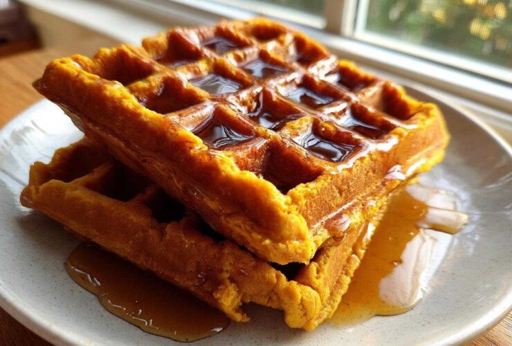 Two golden orange pumpkin waffles stacked on a plate, generously drizzled with maple syrup.