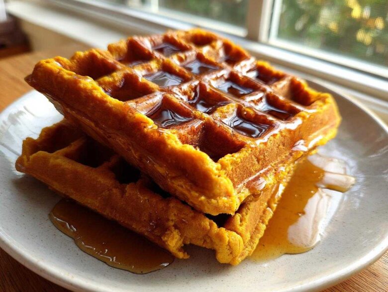 Two golden orange pumpkin waffles stacked on a plate, generously drizzled with maple syrup.