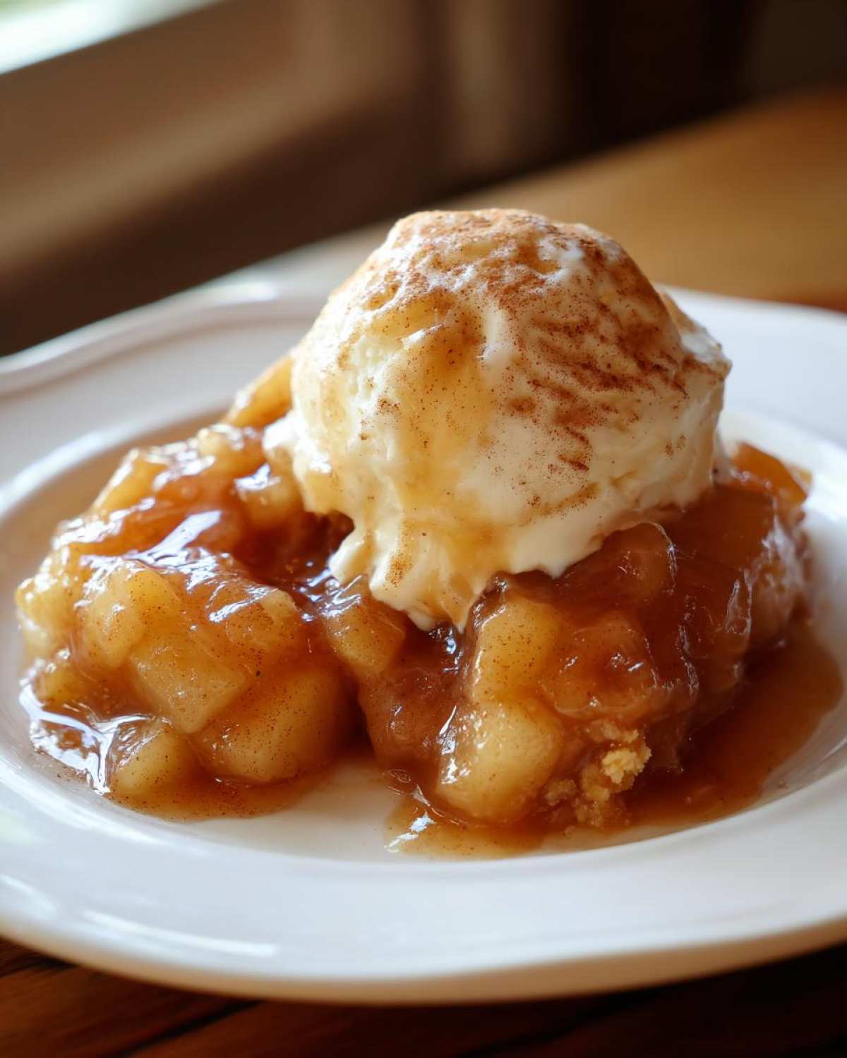 Close-up of warm apple pie filling topped with melting vanilla ice cream and cinnamon.