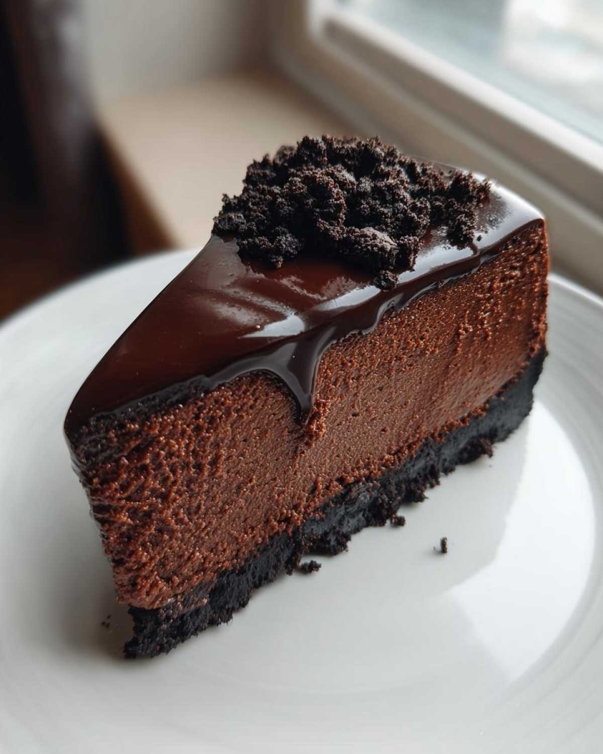 A perfect slice of rich chocolate cheesecake with a dark chocolate ganache drip and cookie crumble topping.