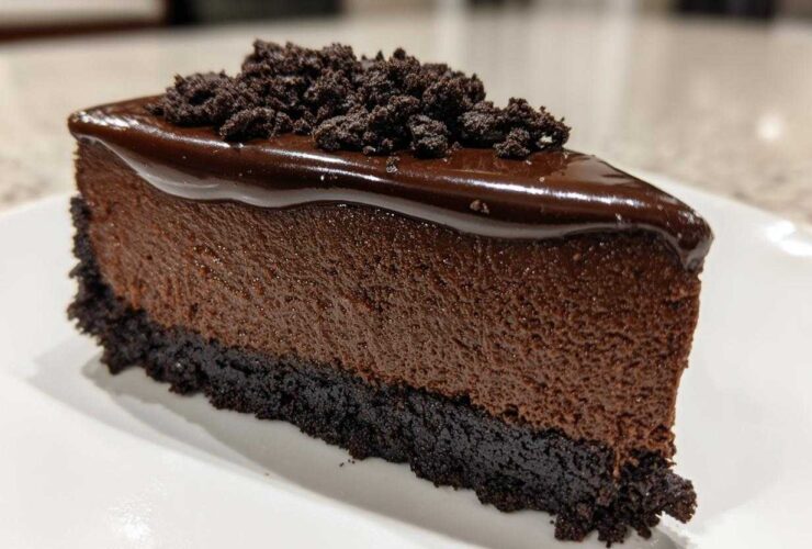 A decadent slice of rich chocolate cheesecake with a dark cookie crust, glossy chocolate ganache, and crumbled topping.