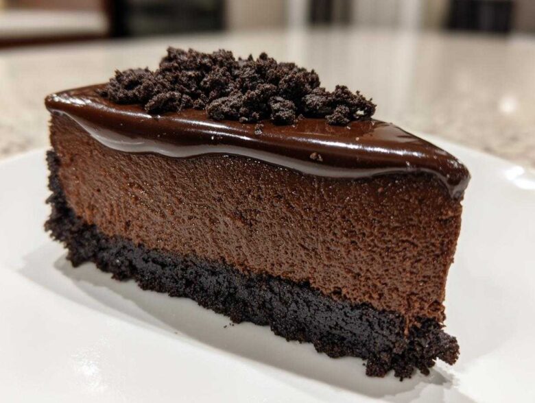 A decadent slice of rich chocolate cheesecake with a dark cookie crust, glossy chocolate ganache, and crumbled topping.