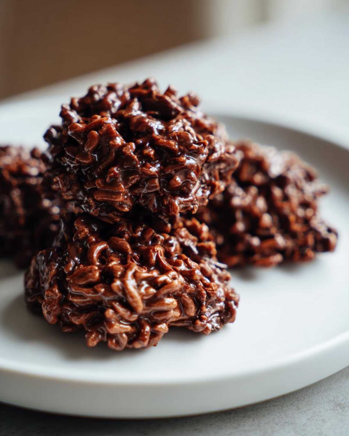A close-up stack of glossy, dark chocolate haystack cookies resting on a white plate.