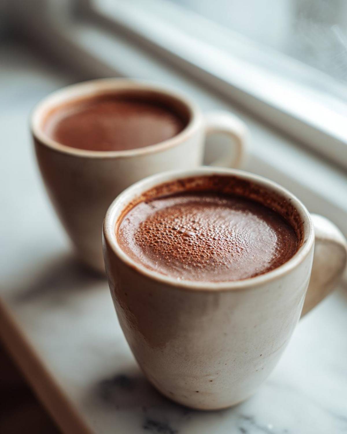 Close-up of two mugs filled with rich, dark hot chocolate resting on a white windowsill.