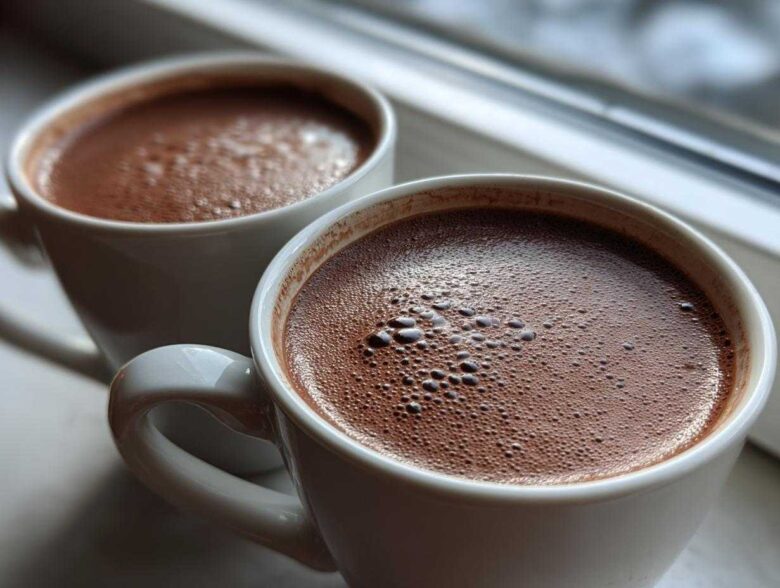 Close-up of two white mugs filled with rich, foamy hot chocolate resting on a windowsill.