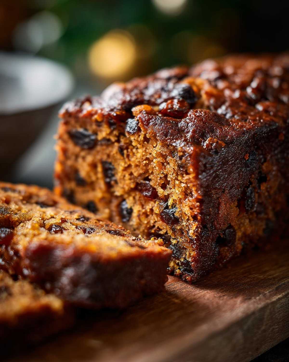 Close-up of a dark, moist plum pudding loaf, sliced on a wooden board, showing rich fruit and spice texture.