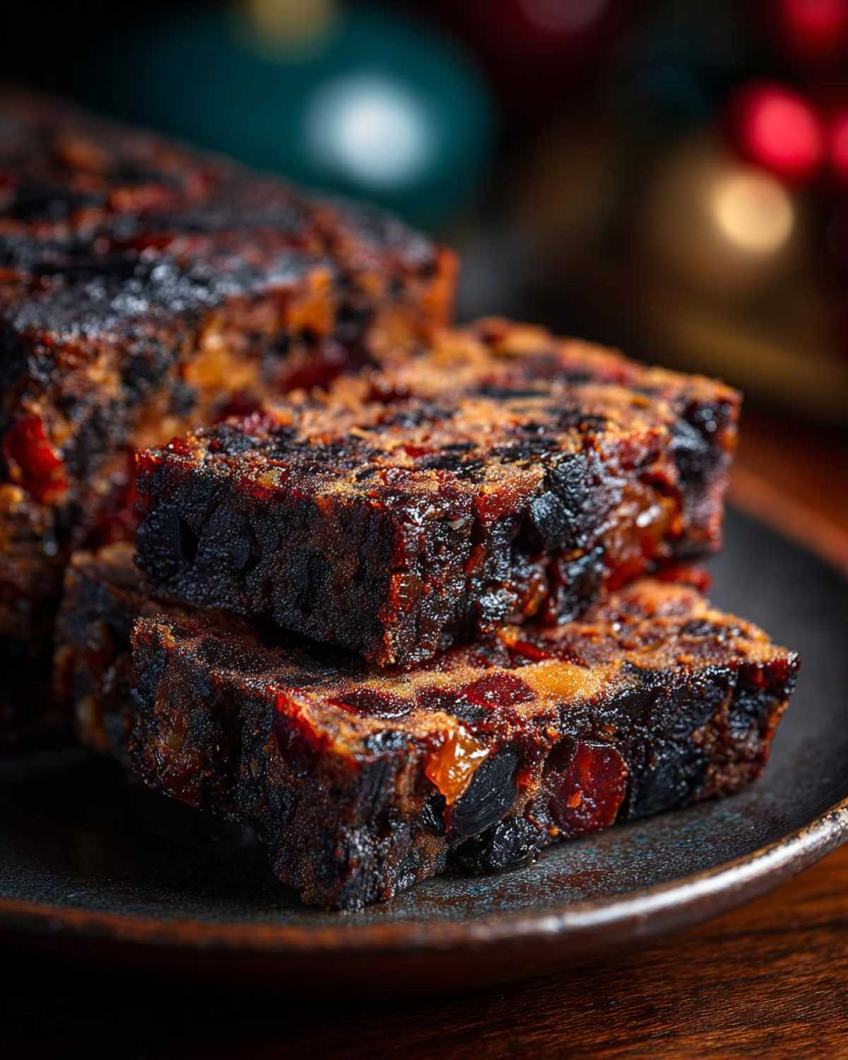 Close-up of two thick slices of dark, rich plum pudding stacked on a plate, showing dried fruits.