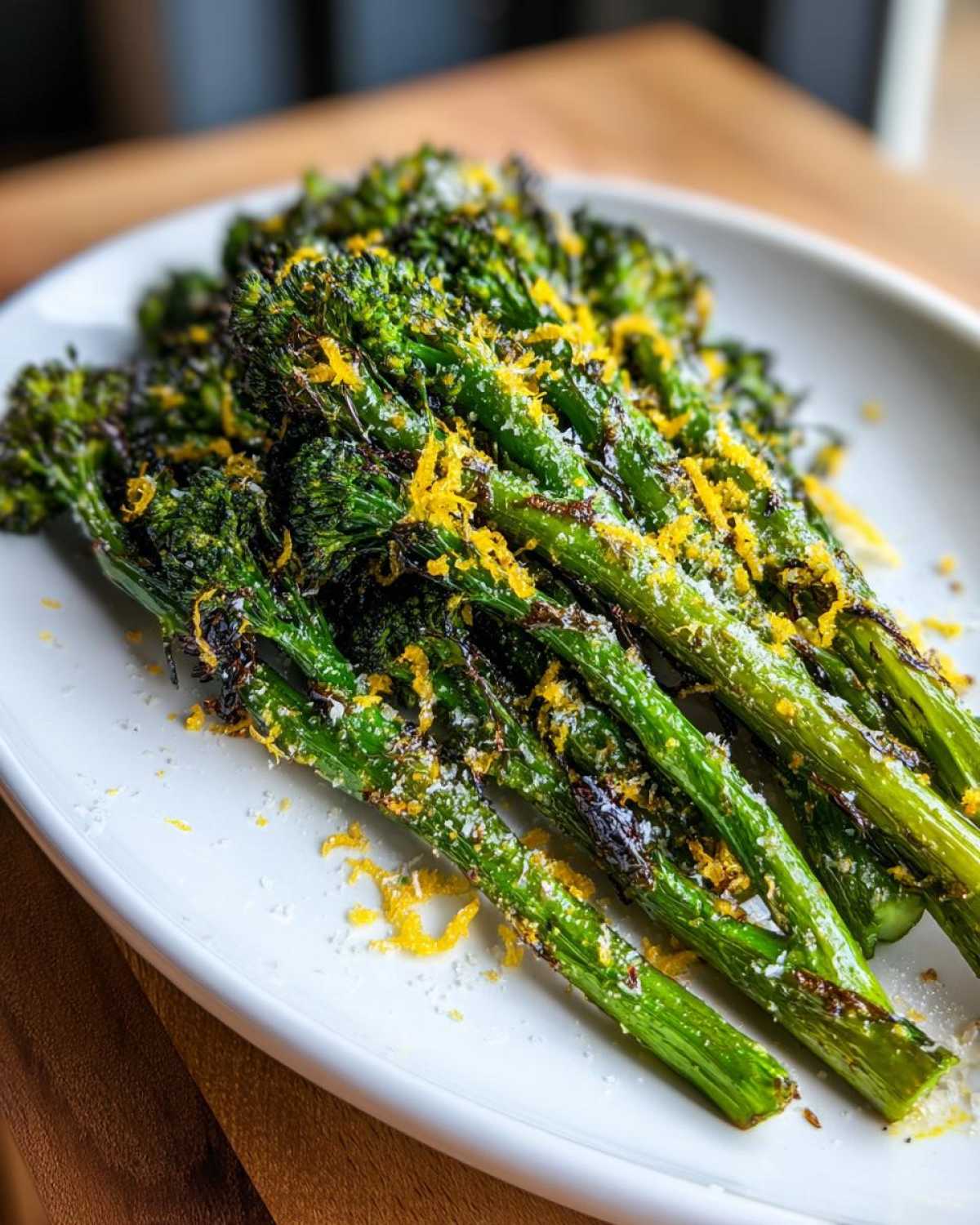 A close-up of roasted broccolini stalks topped with bright yellow lemon zest and grated cheese.