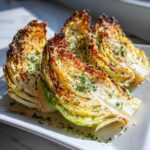 Four wedges of roasted cabbage recipe topped with browned Parmesan cheese and fresh parsley.