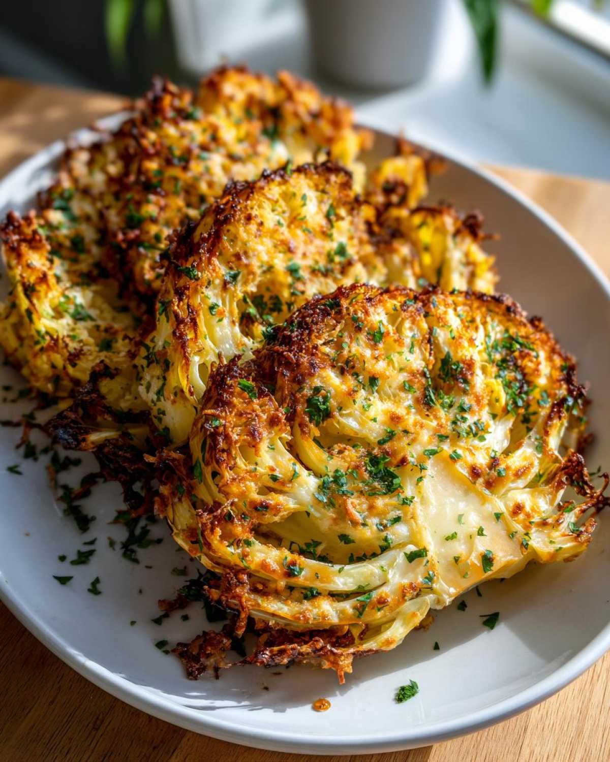 Close-up of roasted cabbage recipe steaks with a golden, crispy cheese topping and fresh parsley.