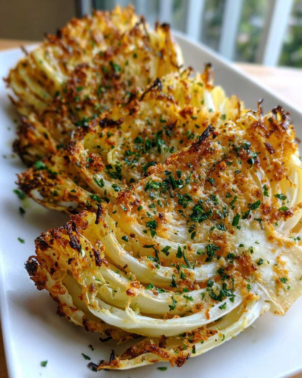 Close-up of baked cabbage recipe wedges topped with golden brown crust and fresh parsley.