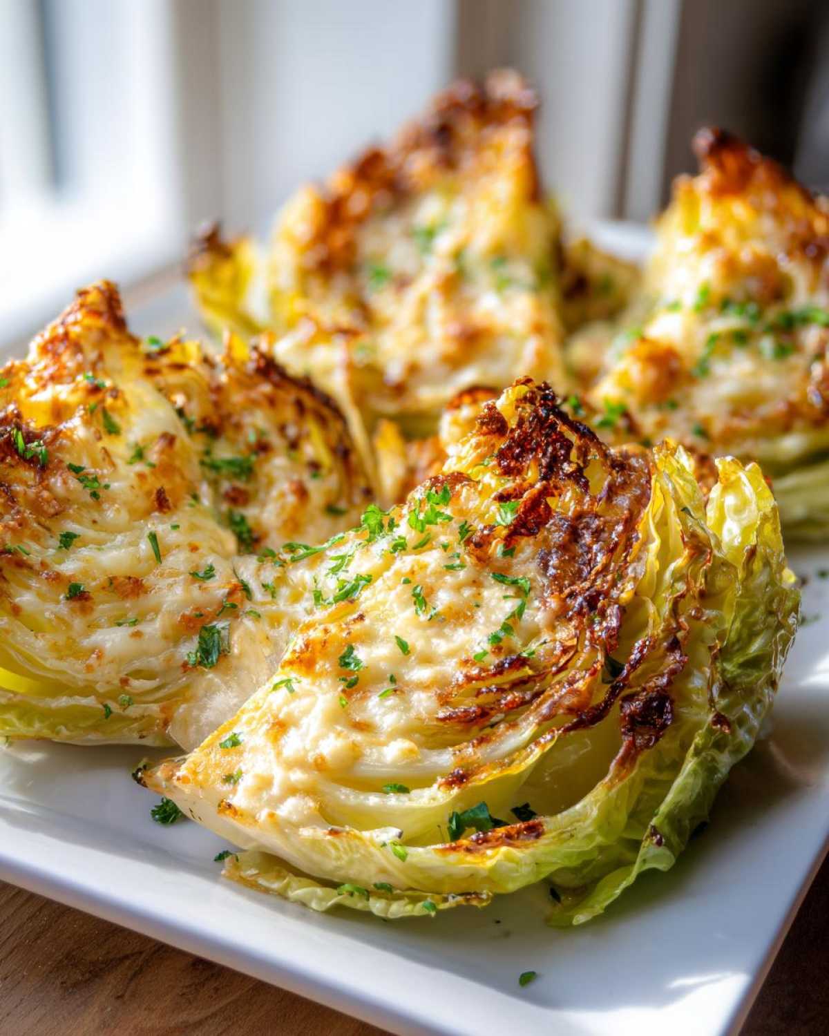 Four wedges of roasted cabbage recipe topped with melted, browned cheese and fresh parsley.