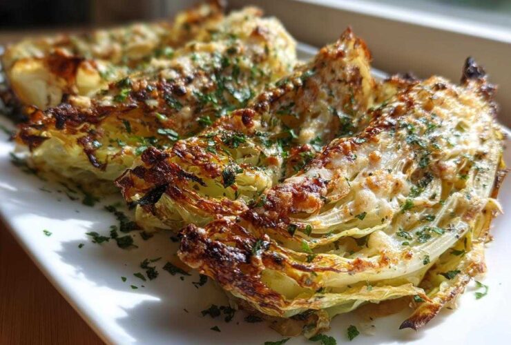 Close-up of roasted cabbage recipe wedges topped with melted cheese and fresh parsley.