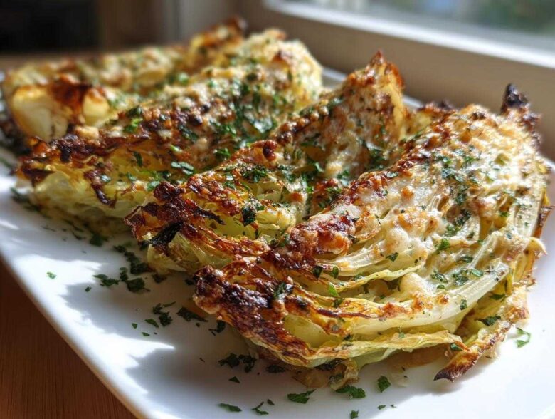 Close-up of roasted cabbage recipe wedges topped with melted cheese and fresh parsley.