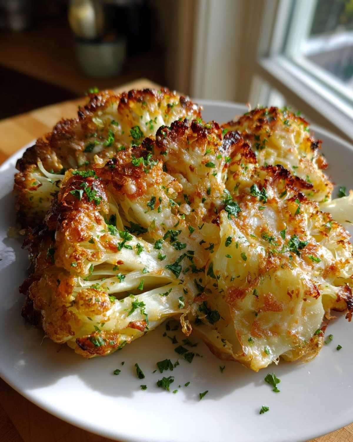 Golden brown roasted cauliflower steaks topped with parsley, a healthy alternative to a cabbage recipe.