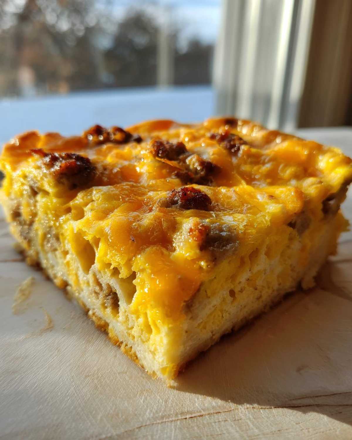 A thick, golden slice of sausage and cheese egg bake resting on a wooden surface near a window.