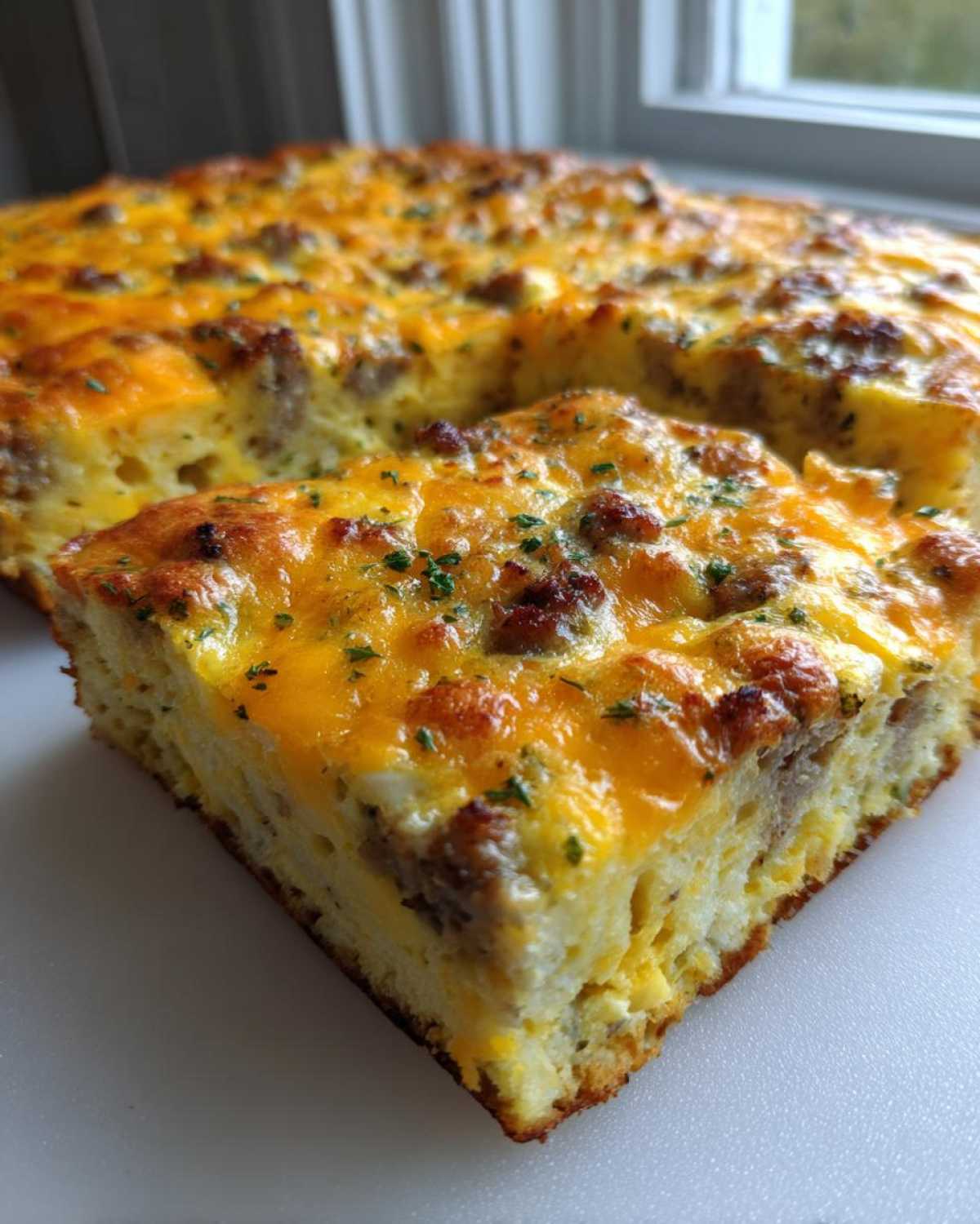 A thick slice of savory sausage and cheese egg bake, showing a golden crust and melted cheddar topping.