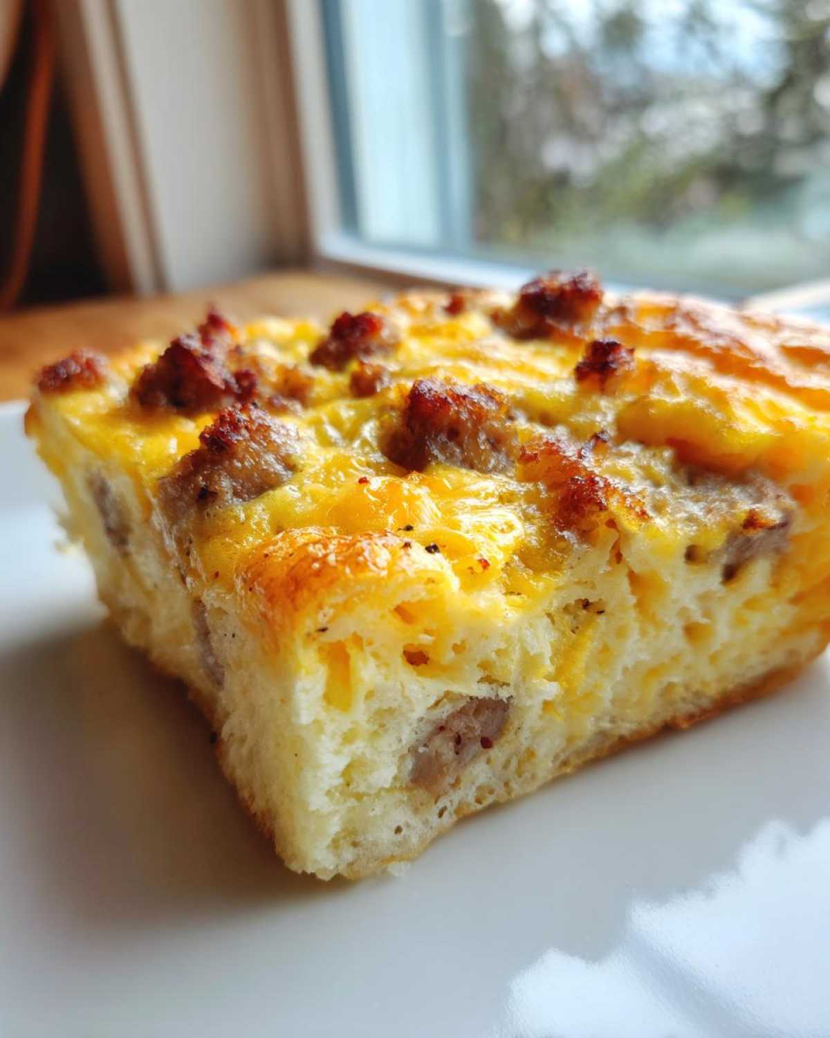 A close-up shot of a square slice of savory egg bake topped with browned sausage and melted cheese.