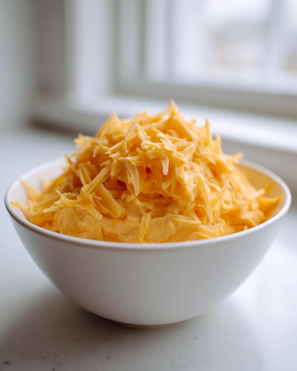 A white bowl filled with freshly shredded orange cheddar cheese, an ingredient for beer cheese dip.