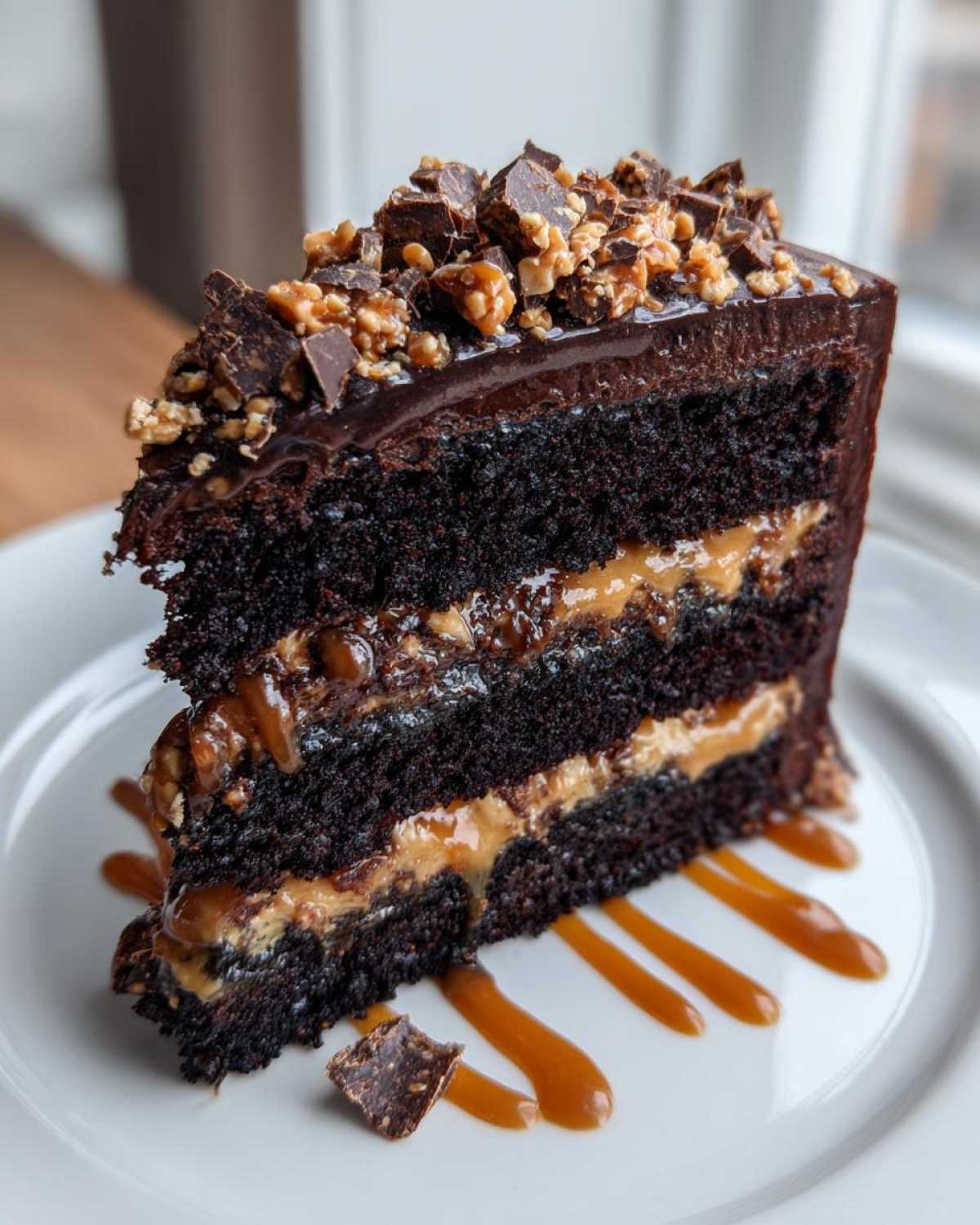 Close-up of a decadent slice of chocolate caramel toffee crunch cake showing dark layers and gooey caramel filling.