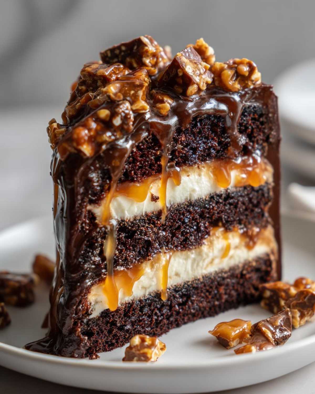 A decadent slice of chocolate caramel toffee crunch cake showing layers of dark cake, cream filling, and dripping caramel.
