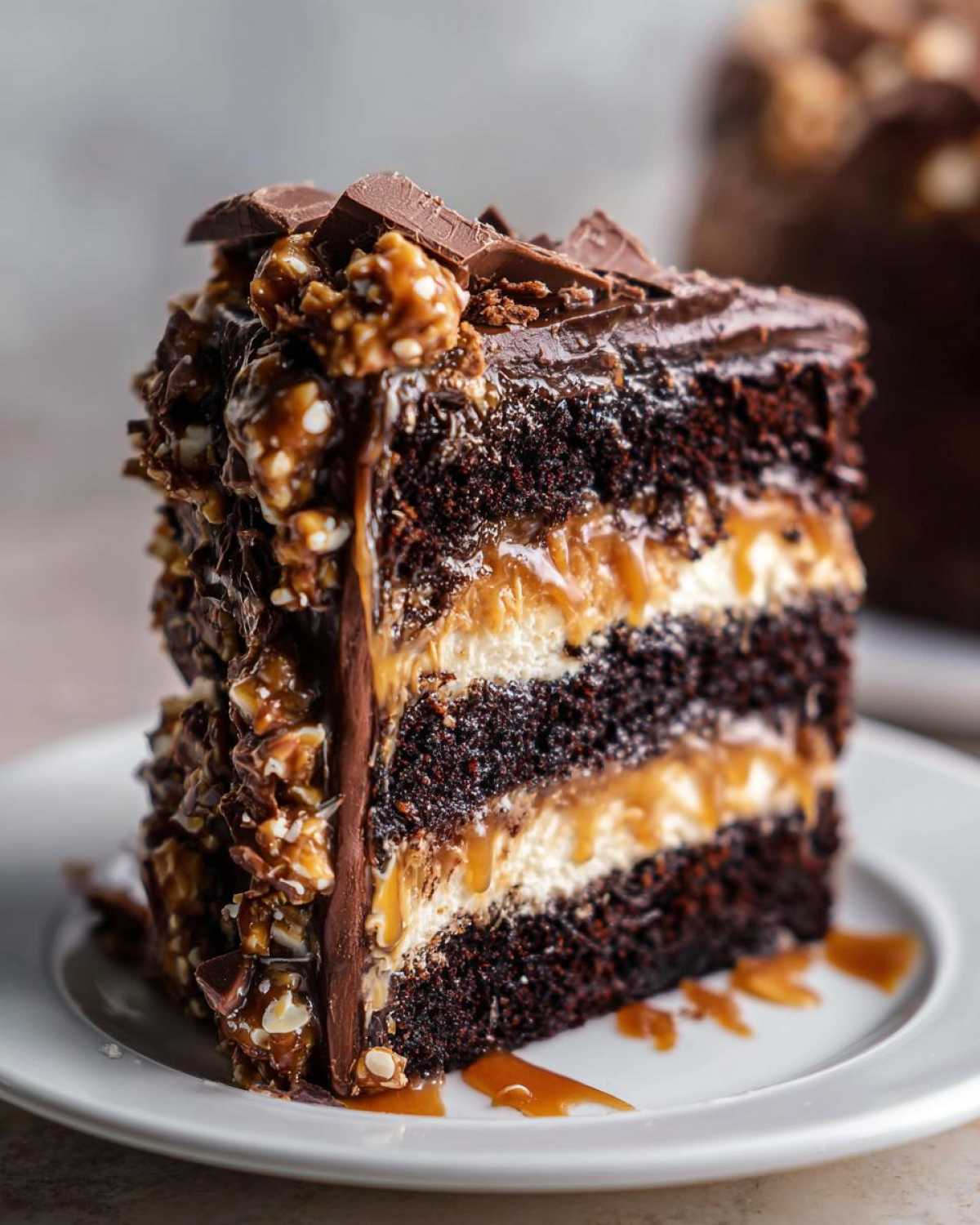 Close-up of a decadent slice of chocolate caramel toffee crunch cake showing multiple dark chocolate layers and caramel filling.