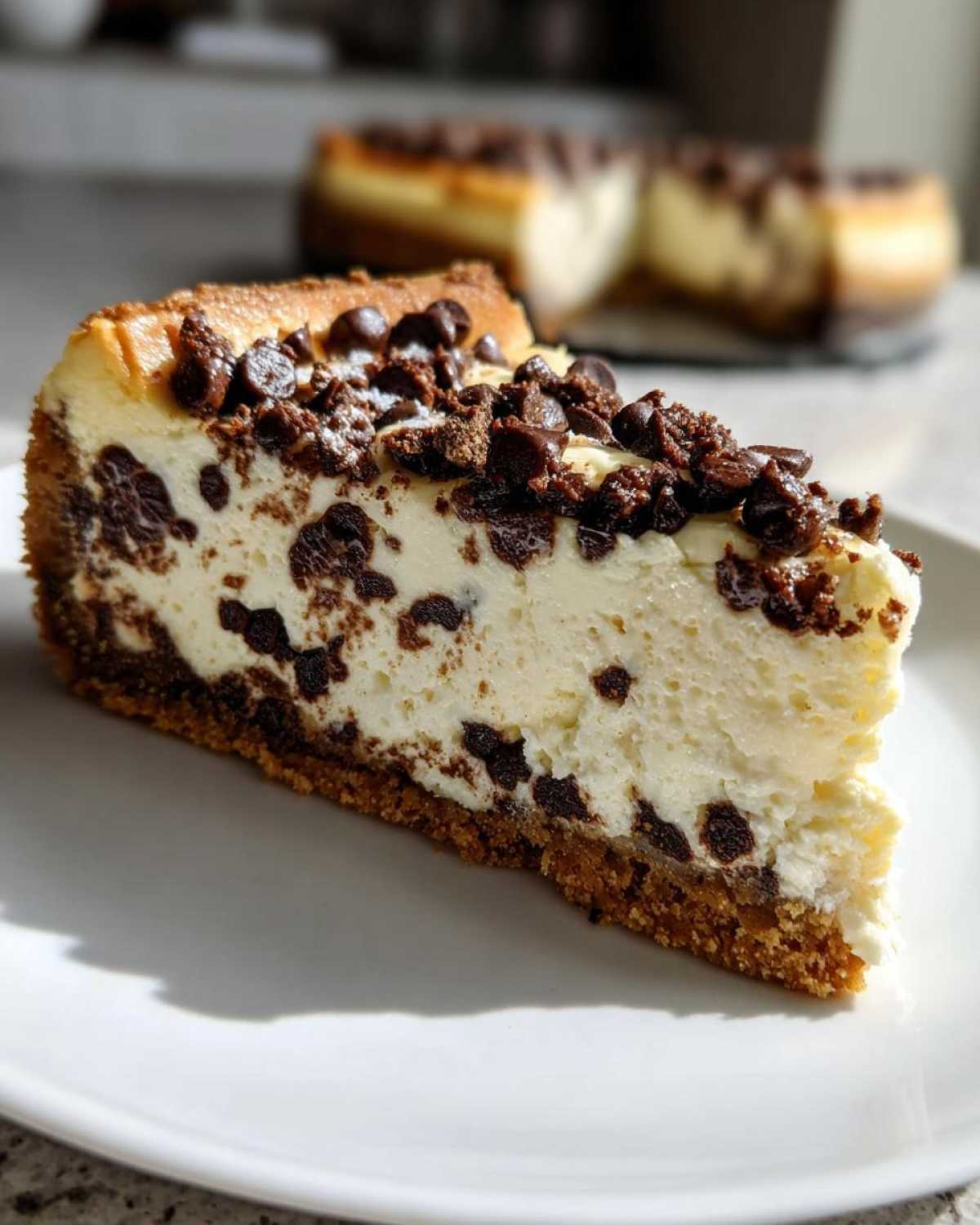 A close-up slice of creamy chocolate chip cheesecake with a graham cracker crust and extra chips on top.