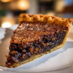 Close-up of a decadent slice of chocolate pecan pie showing the flaky crust and gooey, nutty filling.