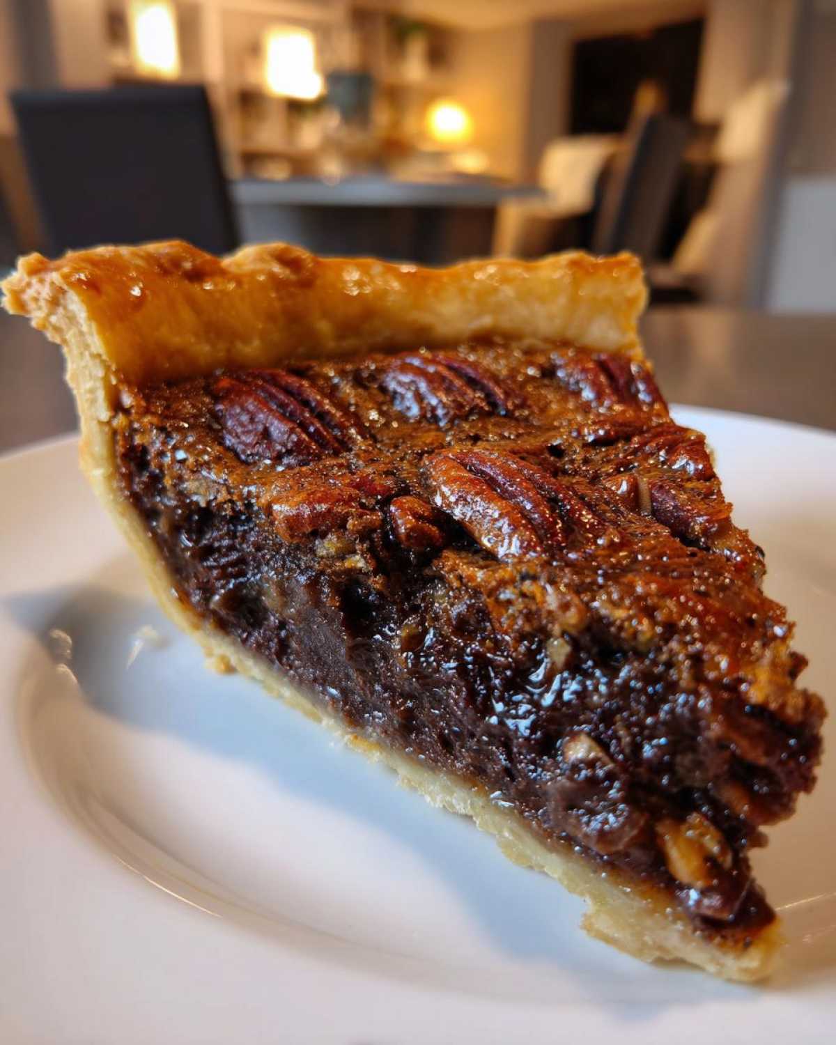 Close-up of a rich slice of chocolate pecan pie showing the gooey filling and whole pecans on top.