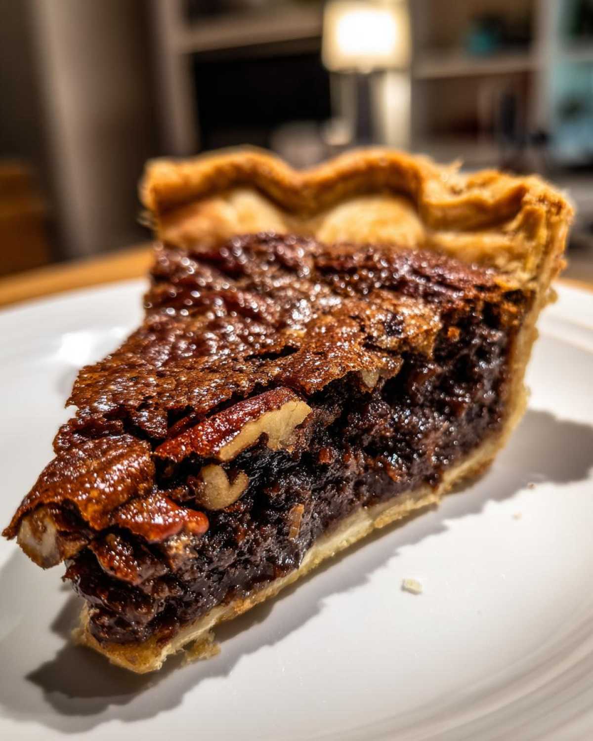 A close-up, dramatic shot of a single slice of rich chocolate pecan pie on a white plate.