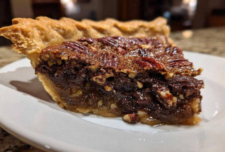 Close-up of a rich slice of chocolate pecan pie showing the flaky crust and gooey filling.