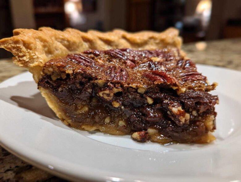 Close-up of a rich slice of chocolate pecan pie showing the flaky crust and gooey filling.