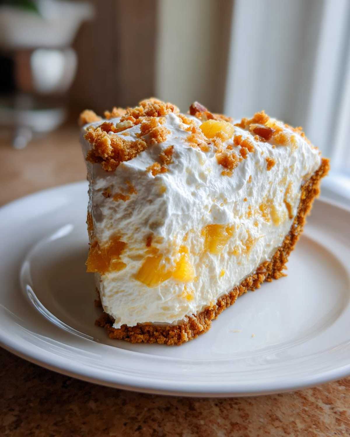 Close-up of a slice of creamy million dollar pie with pineapple chunks, graham cracker crust, and crumb topping.