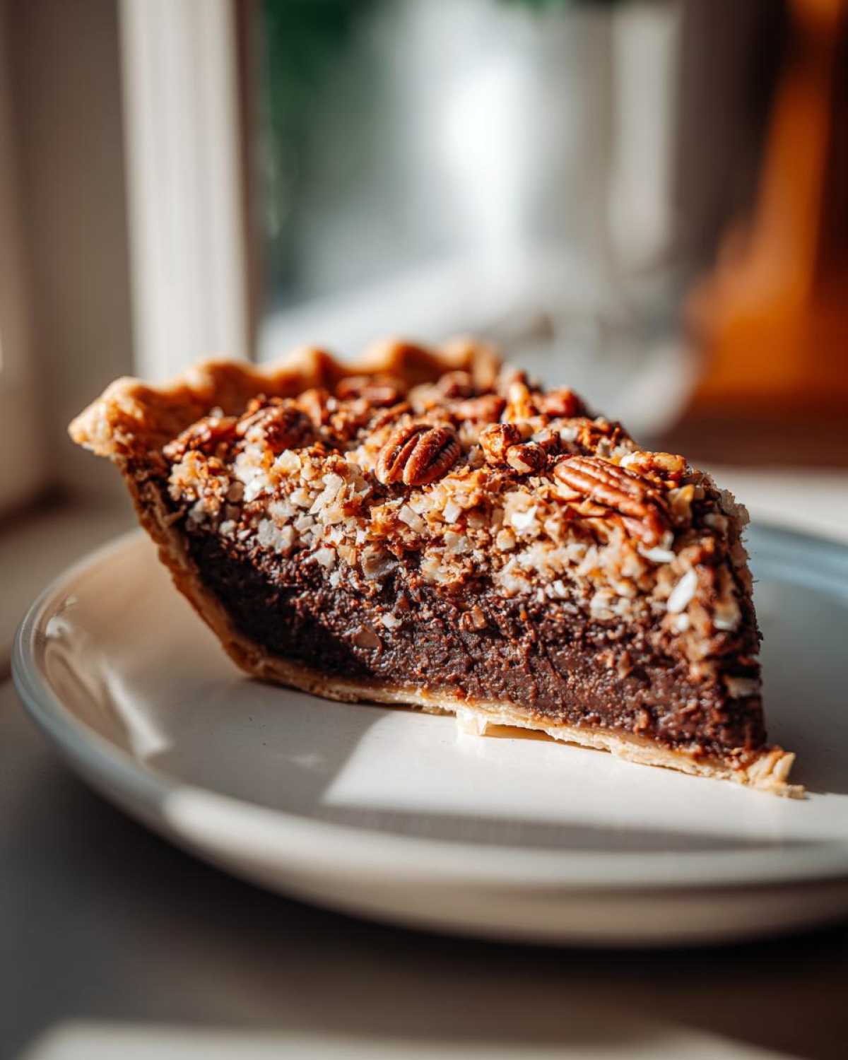 A close-up slice of German chocolate pie showing the dark chocolate filling and pecan coconut topping.