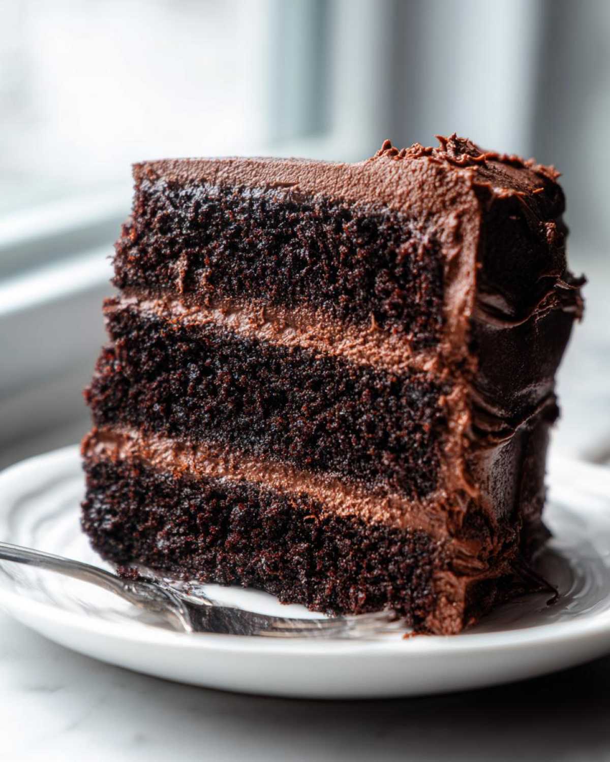 Close-up of a rich, dark slice of homemade chocolate cake with three layers and thick chocolate frosting.