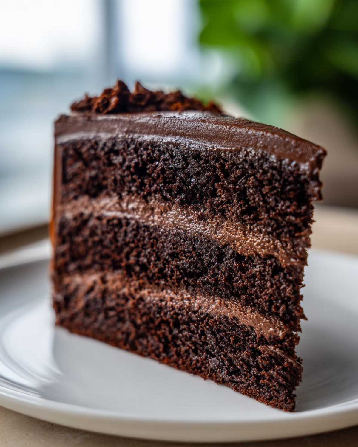 Close-up of a rich, moist slice of homemade chocolate cake layered with chocolate frosting on a white plate.