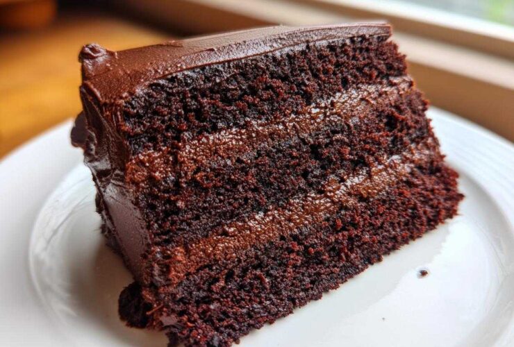 Close-up of a moist slice of homemade chocolate cake with dark chocolate frosting layers.