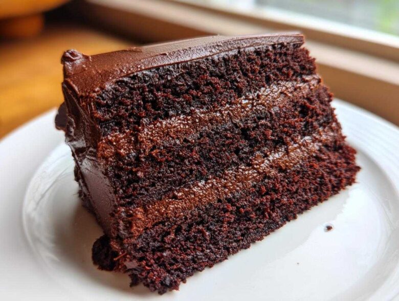 Close-up of a moist slice of homemade chocolate cake with dark chocolate frosting layers.