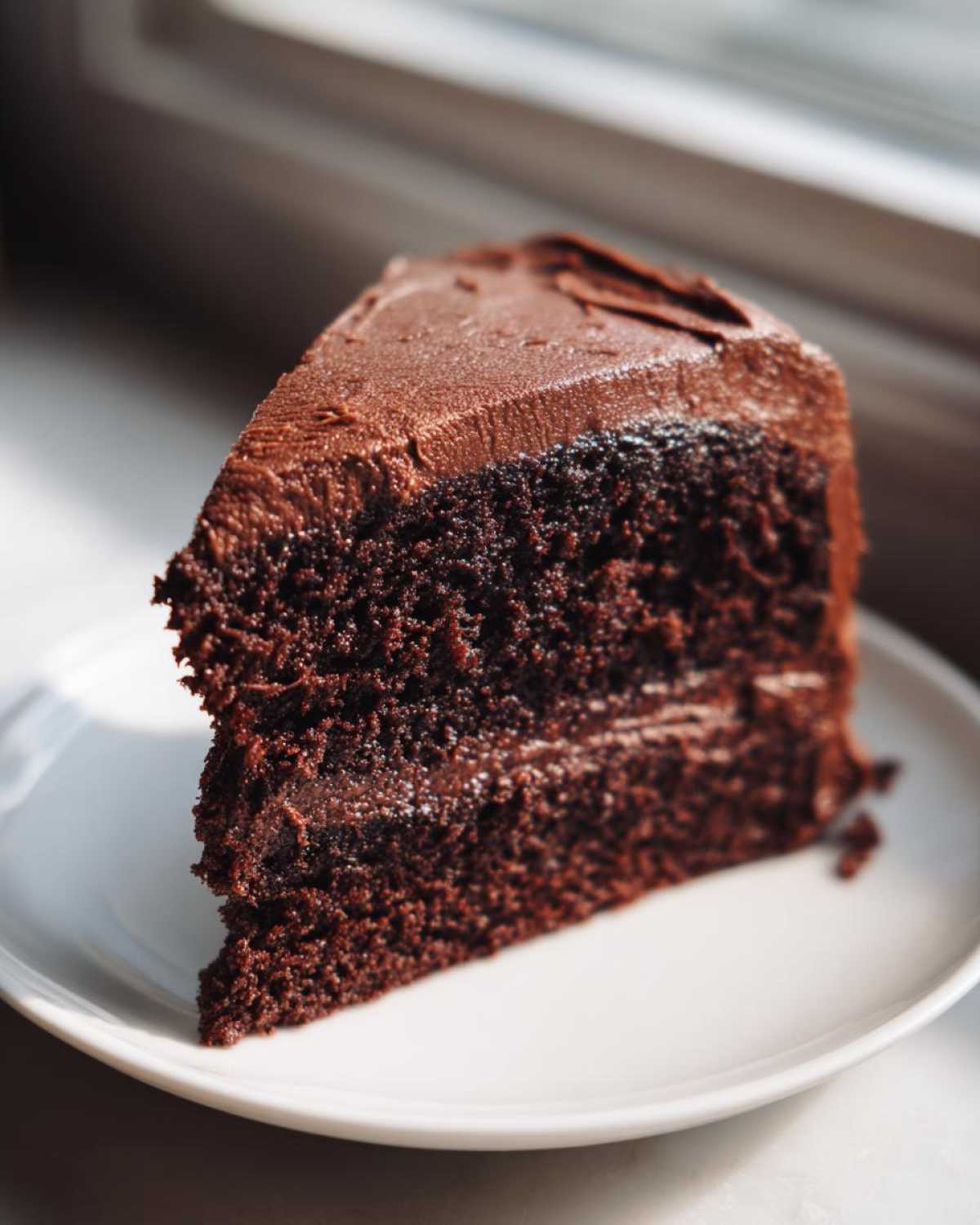 A close-up of a moist slice of homemade chocolate cake with thick, dark chocolate frosting on a white plate.