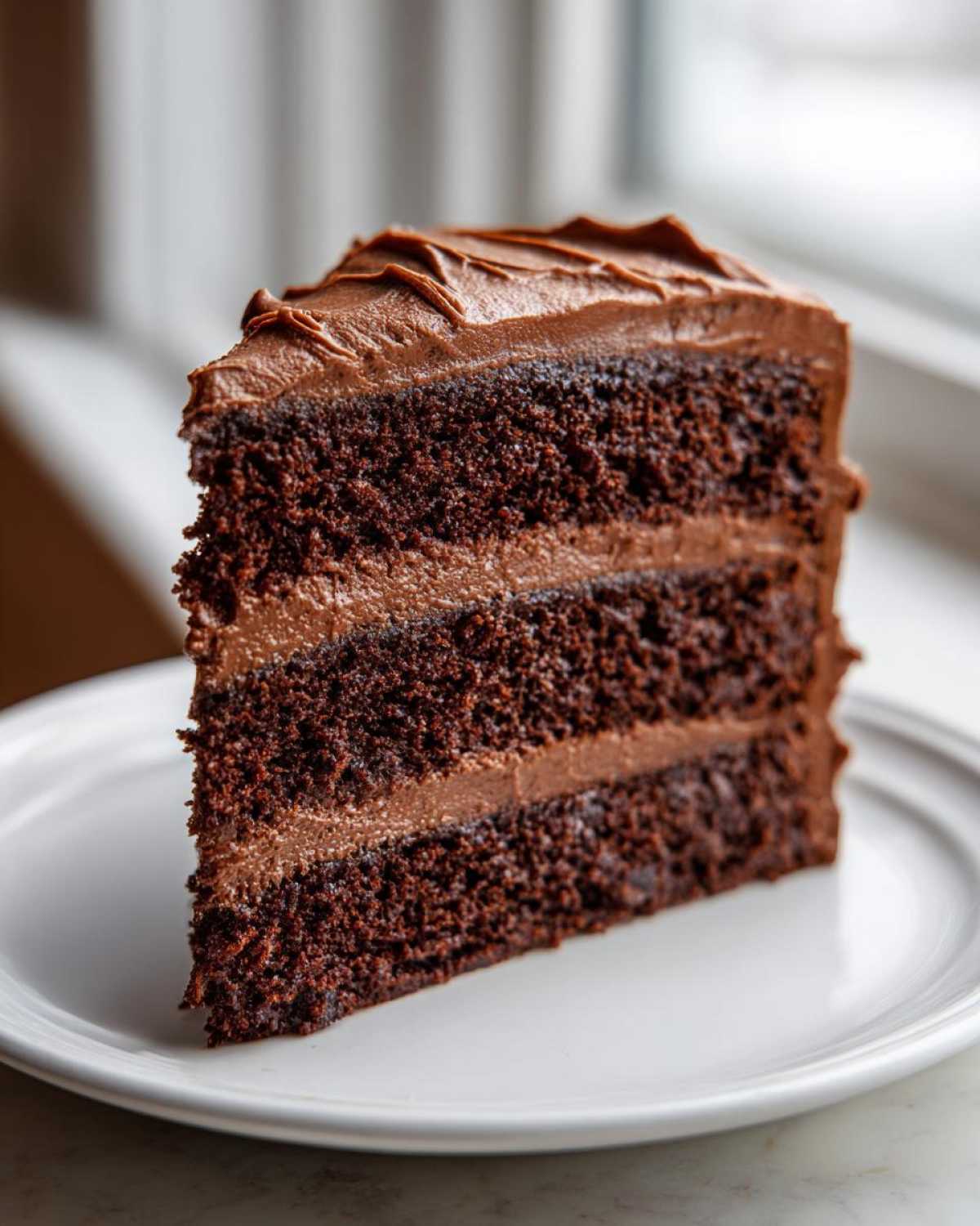 A tall, moist slice of homemade chocolate cake with three layers and rich chocolate frosting.