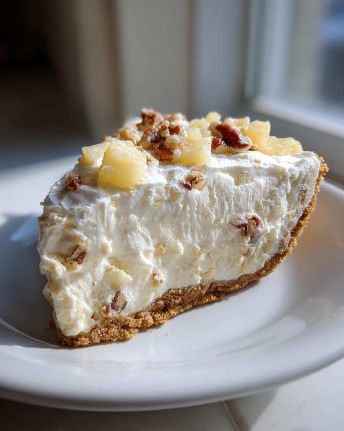 A decadent slice of million dollar pie featuring a thick, creamy filling, graham cracker crust, and topped with pineapple chunks and pecans.