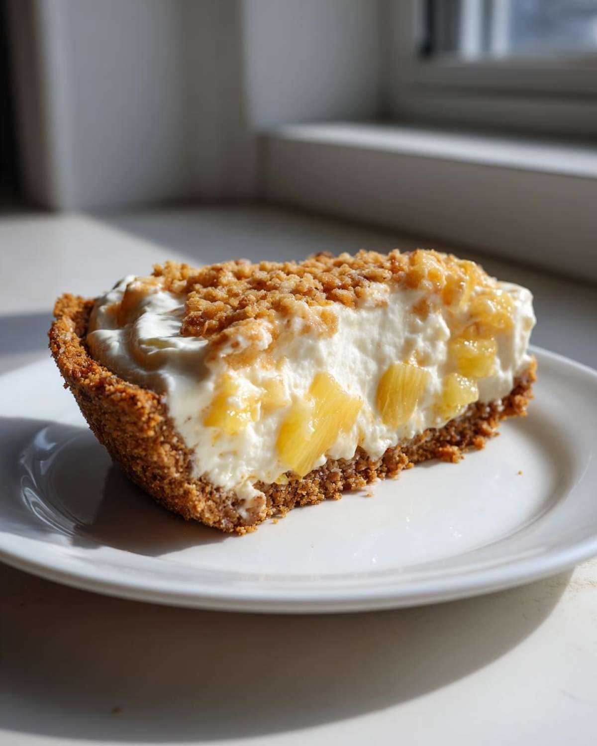 A close-up slice of creamy million dollar pie with pineapple chunks and a crumb topping on a white plate.