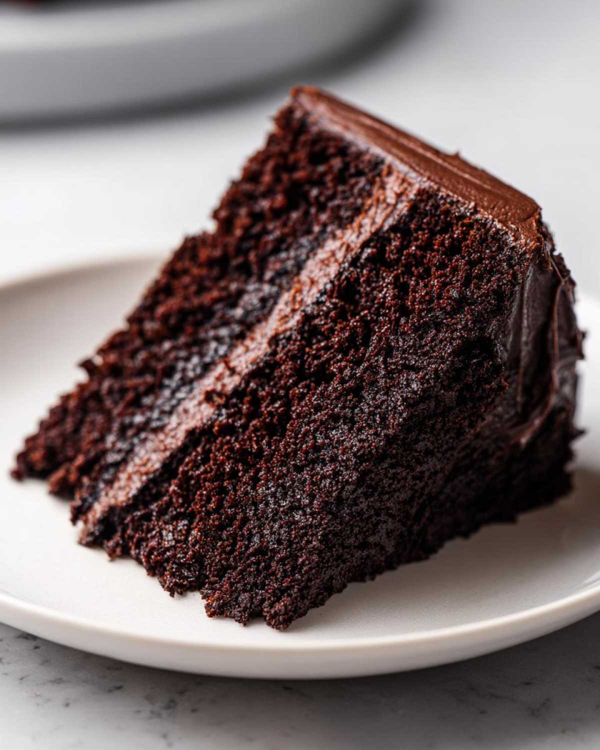 A close-up shot of a thick slice of moist chocolate cake layered with dark chocolate frosting.