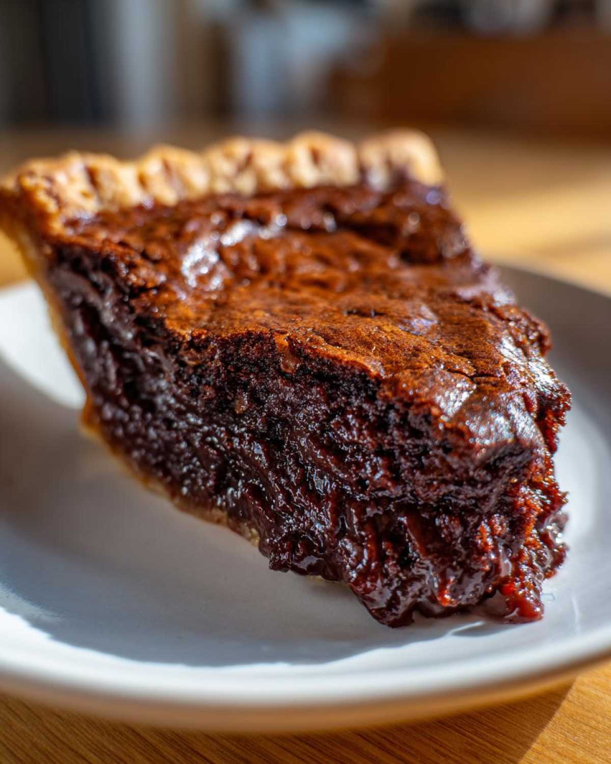 Close-up of a moist, dark chocolate slice of fudge pie with a flaky crust, glistening under sunlight.