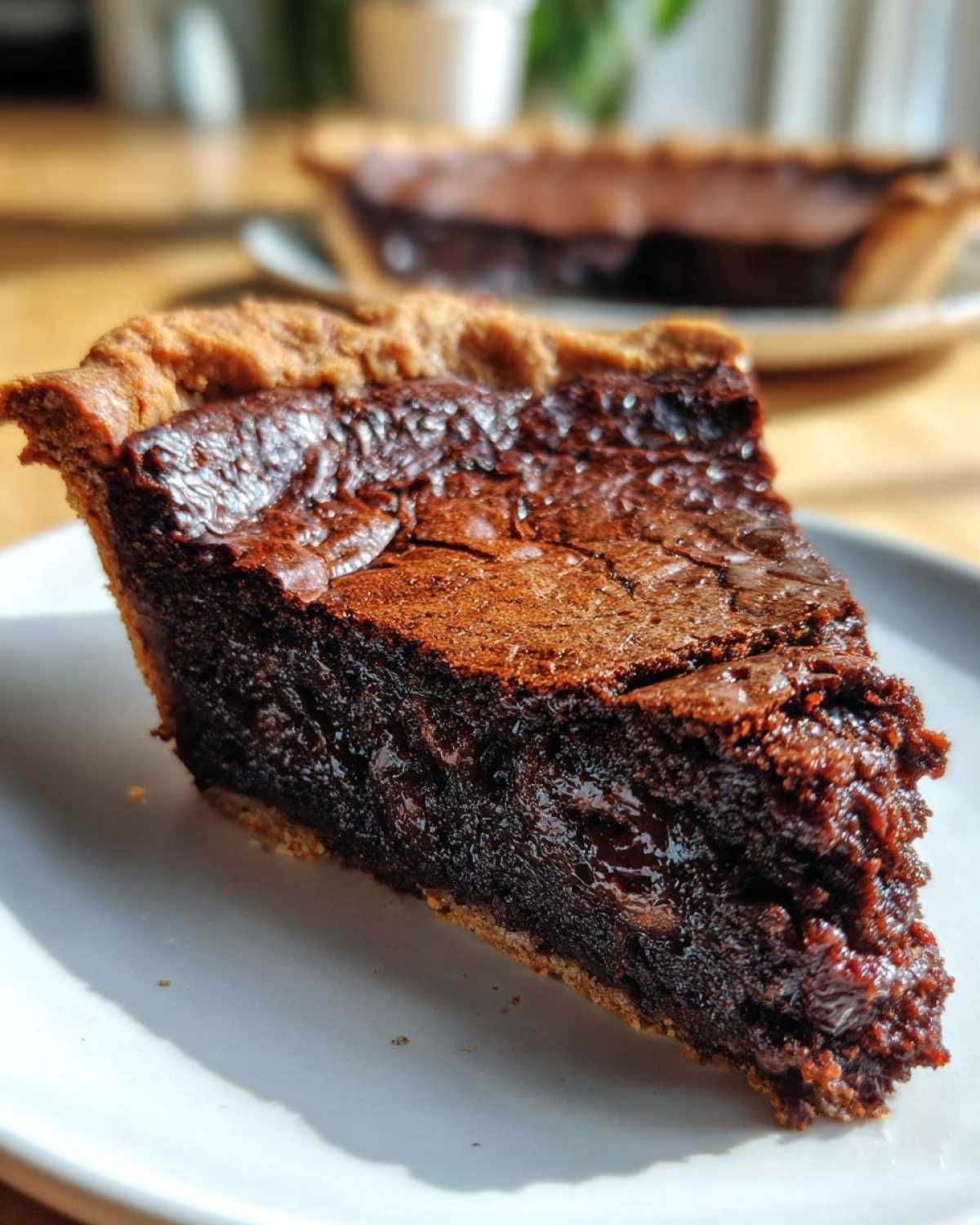 A close-up of a thick, decadent slice of fudge pie with a dark, glossy chocolate filling and a flaky crust.
