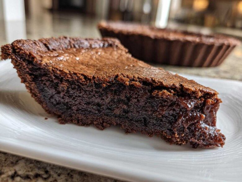 Close-up of a thick slice of dark, gooey fudge pie resting on a white plate, with the rest of the pie in the background.